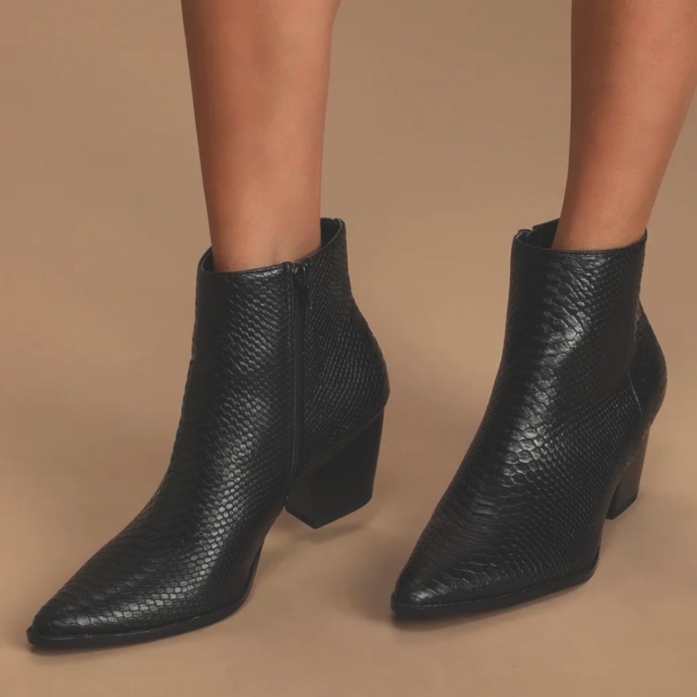 Black Snake Pointed Toe Ankle Booties